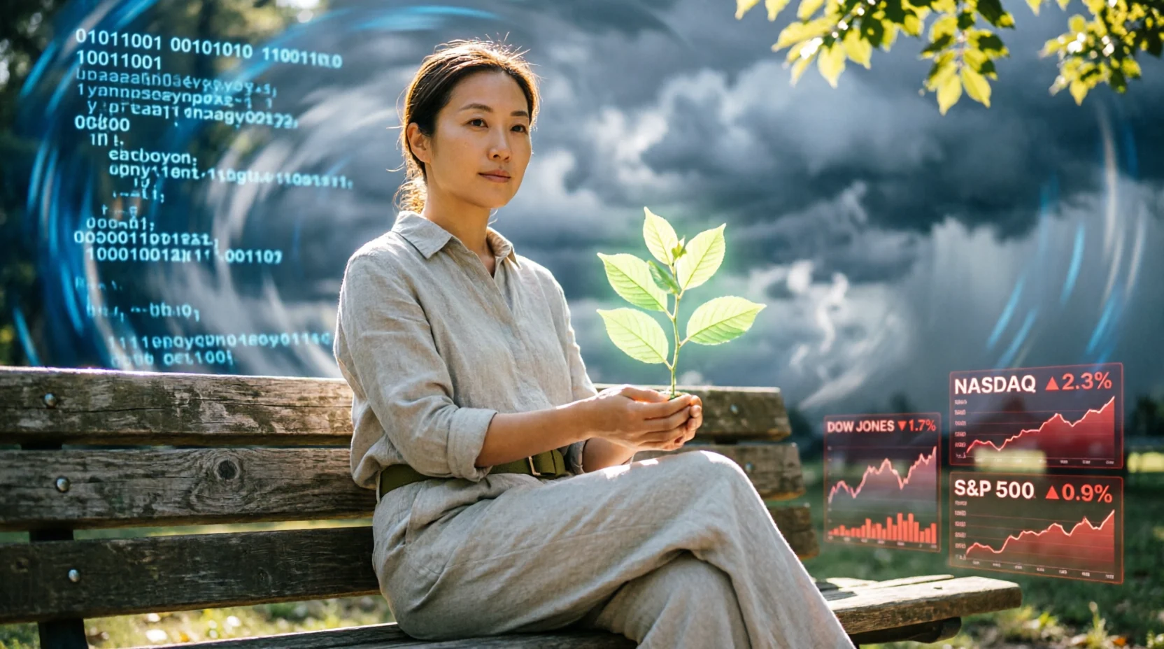 A calm person sitting peacefully in a sunlit forest while a chaotic vortex of AI code and financial charts swirls in the background, representing resilience in 2026.